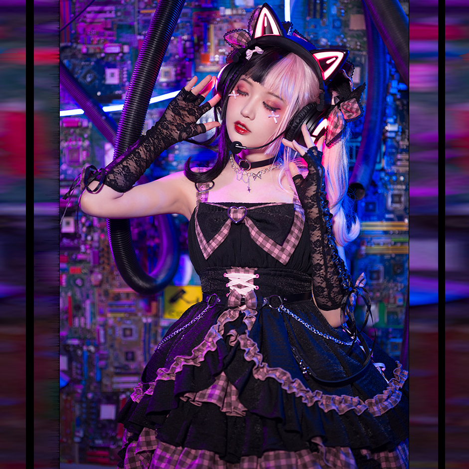 perro cat　クラロリ　ワンピース　ブラック＋ピンク　ジャンパースカート
