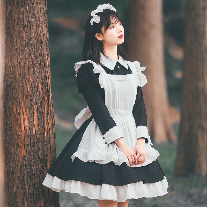 クラシック黒白　メイド服　ミニ丈　フリルエプロン　