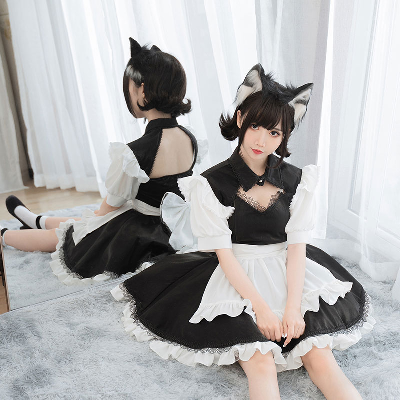 ミニ丈 メイド服 白黒リボン ワンピース コスプレ 衣装