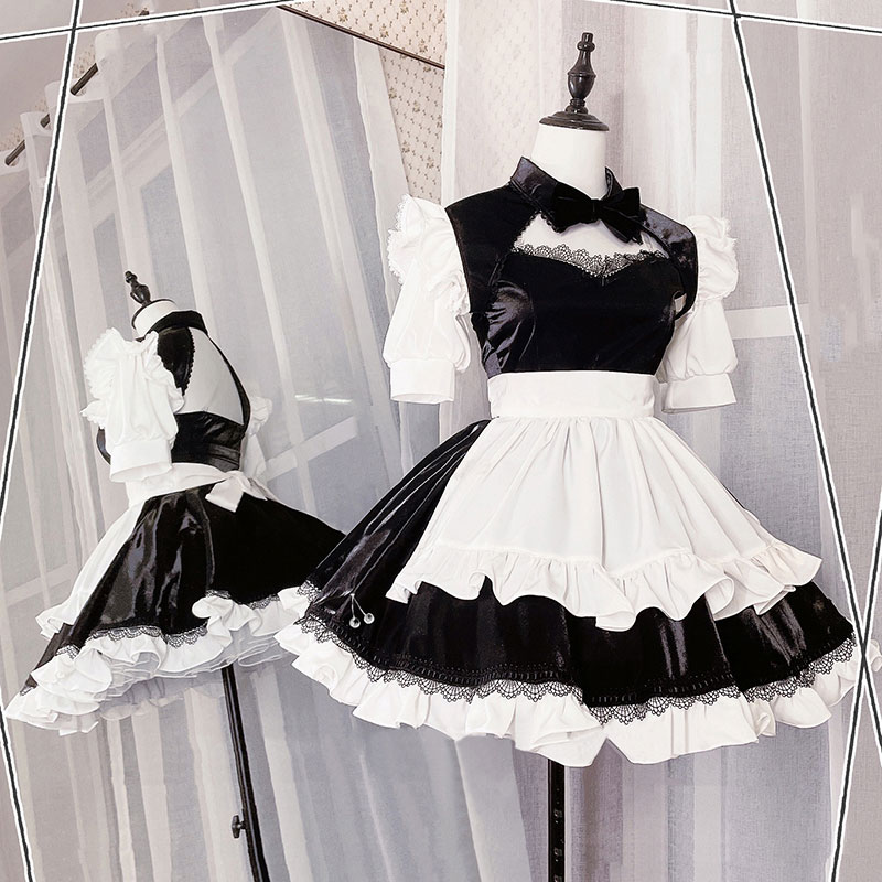 メイド服衣装セット　黒白　胸開メイド服　セクシー　ミニ丈メイド服