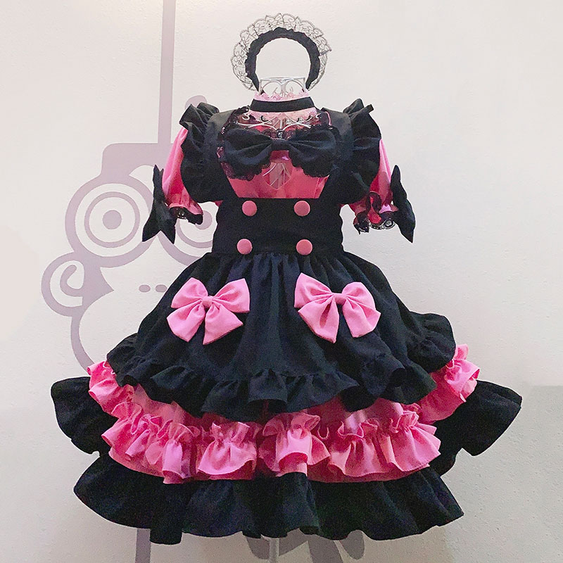 メイド服　黒＋ローズ　姫風　可愛いワンピース　荷葉フリル