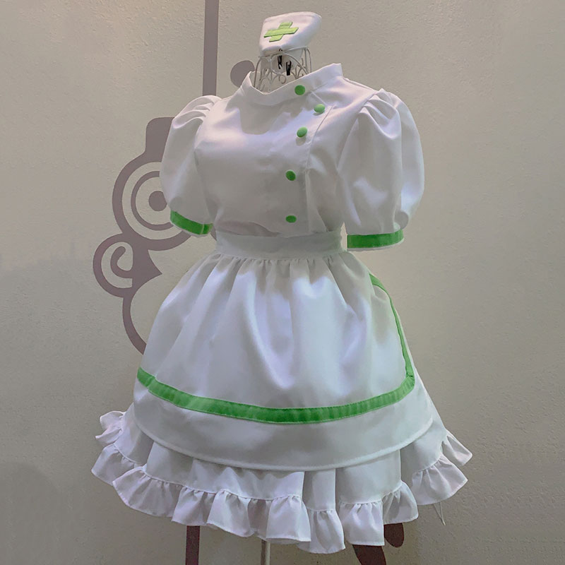 ナースメイド服　帽子付　緑色ボタン　可愛いワンピース コスプレ ナース服
