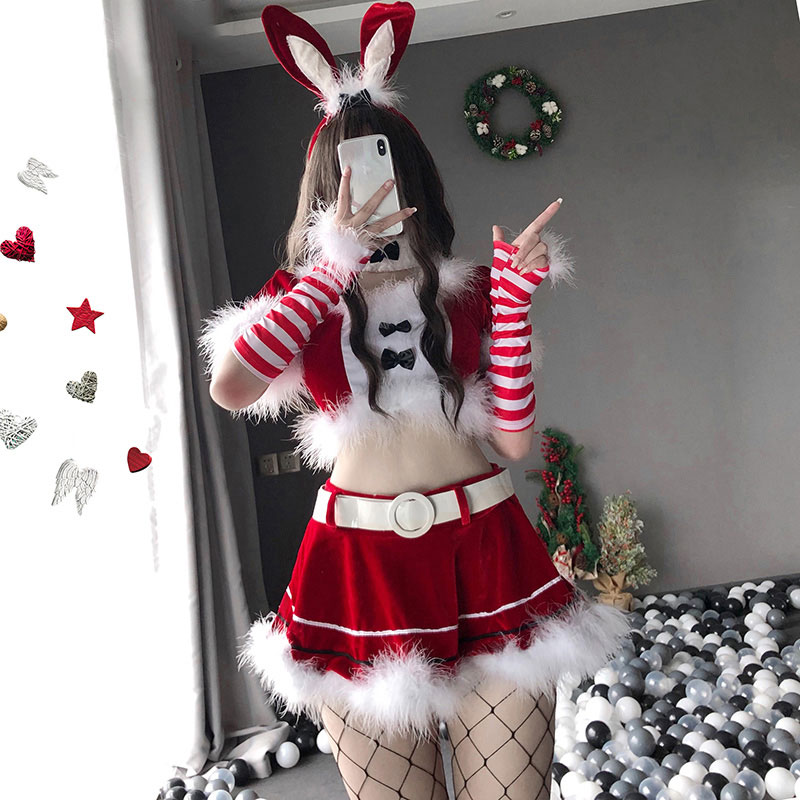 赤色　サンタ服　バニーガール 女性　ツーセット　セクシー　舞台　パーティー　イベント服装 