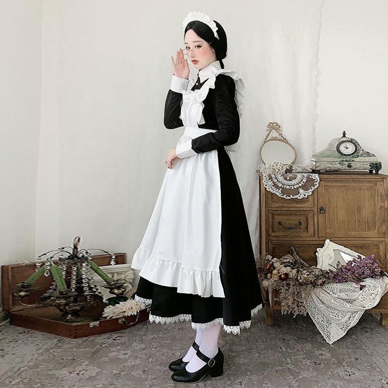 英國風　クラッシク　黒白　カフェメイド服　ロング丈　