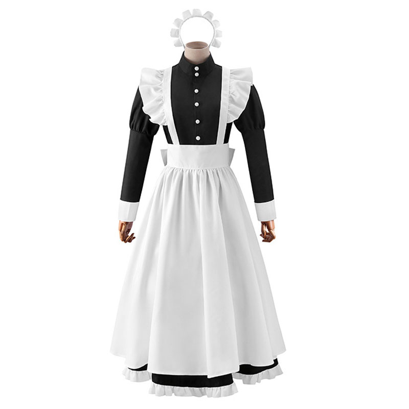 クラシック　黒白　メイド服　ロング丈　フリルエプロン　和風制服　可愛い