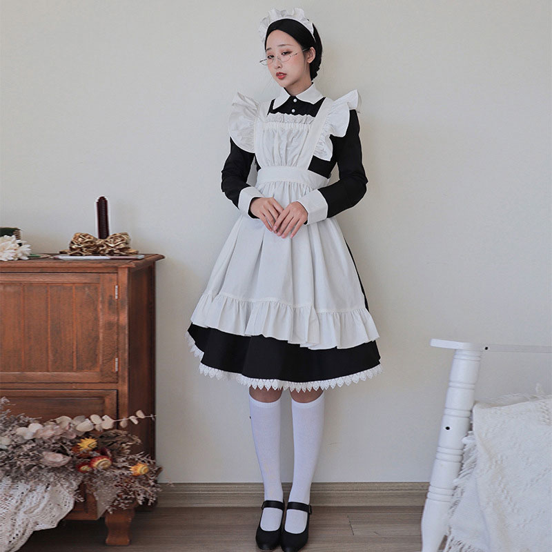 クラシック黒白　カフェメイド服　膝丈　和風　可愛い　ワンピース　長袖　