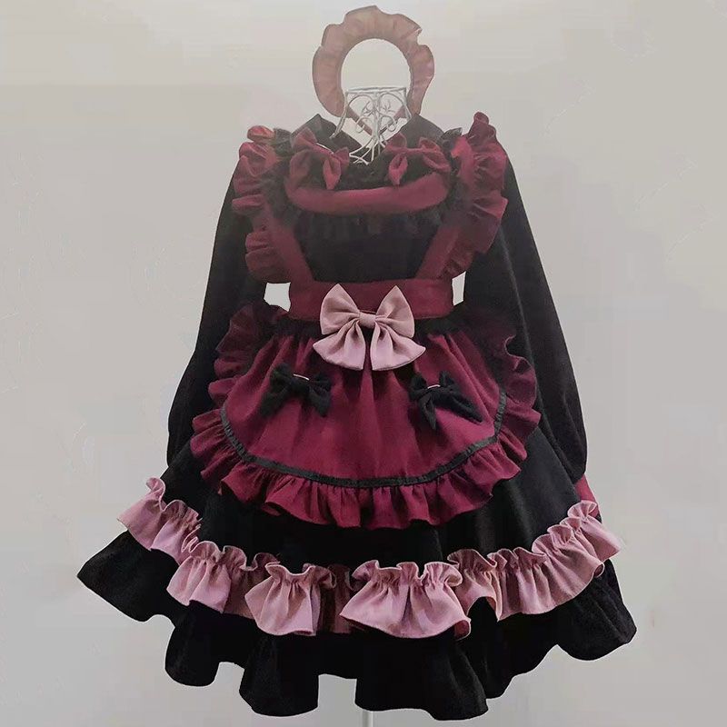 黒＋赤　メイド服　蝶結び付け　荷葉フリル　ロング丈ワンピース