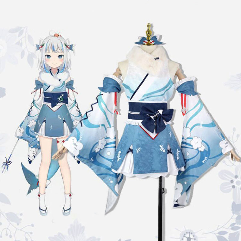 Vtuber hololive　がうる・ぐら Gawr Gura　新年着物　ウサギマフラー　鮫尻尾　シャーク　サテン　コスチューム　ふわふわ　和風