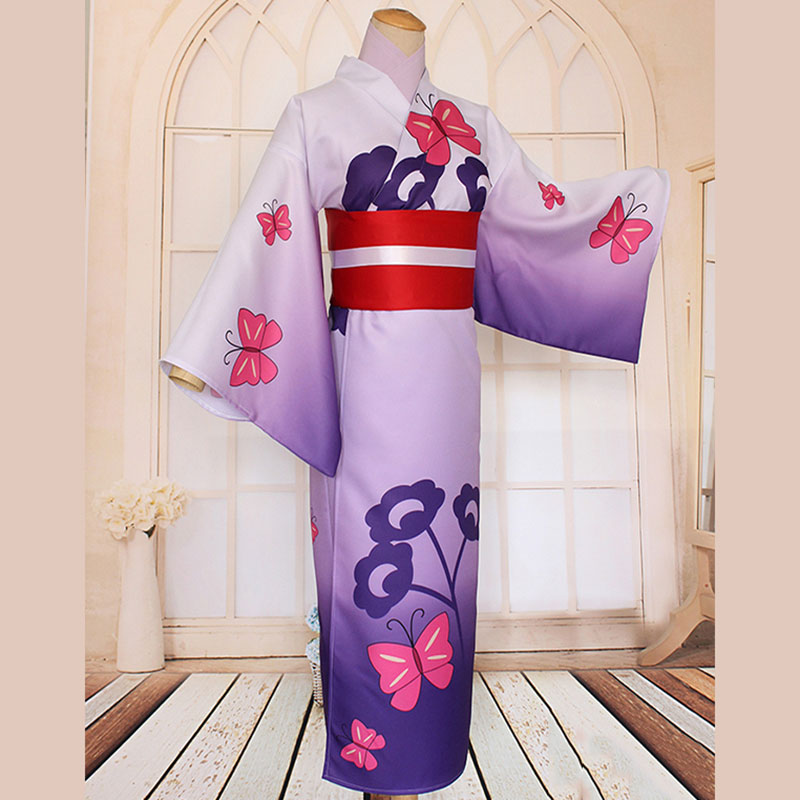 これはゾンビですか?　 ユークリウッド·ヘルサイズ 着物  紫プリント ピンク 蝶 コスプレ和服