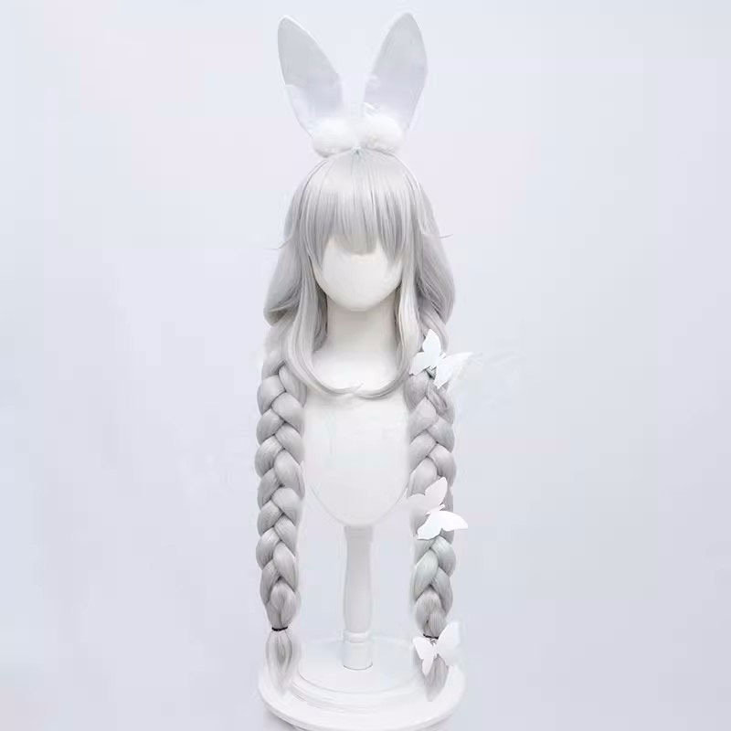 アズールレーン 三つ編み 蝶结び 髪飾り シルバーホワイト ウサギの耳 かつら　コスプレウィッグ