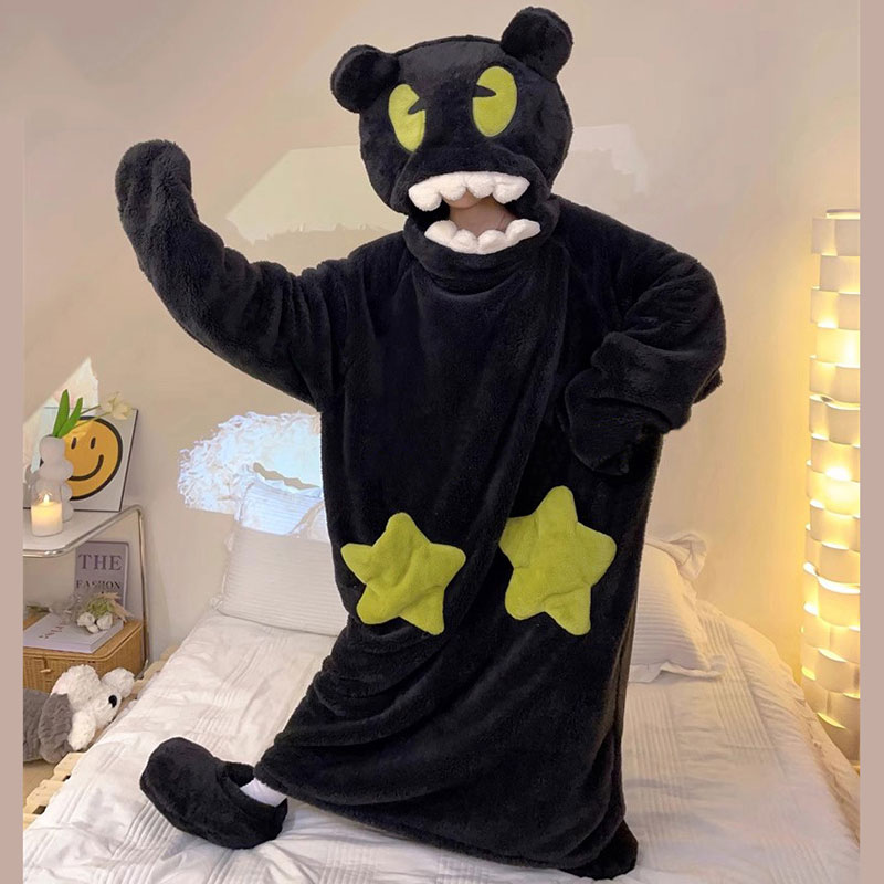 キャラクターパジャマ くま　冬ルームウエアー　かわいい　ブラック　暖かい　クマ耳