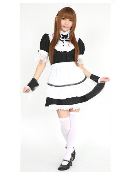 レースカフス付きメイド服販売 可愛い襟リボン衣装